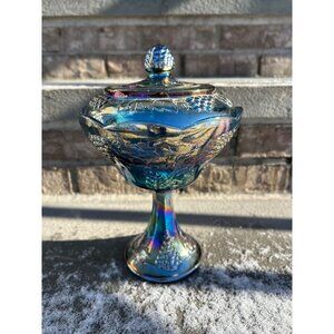 Indiana Glass Harvest Grape Blue Carnival Glass Candy Pedestal.